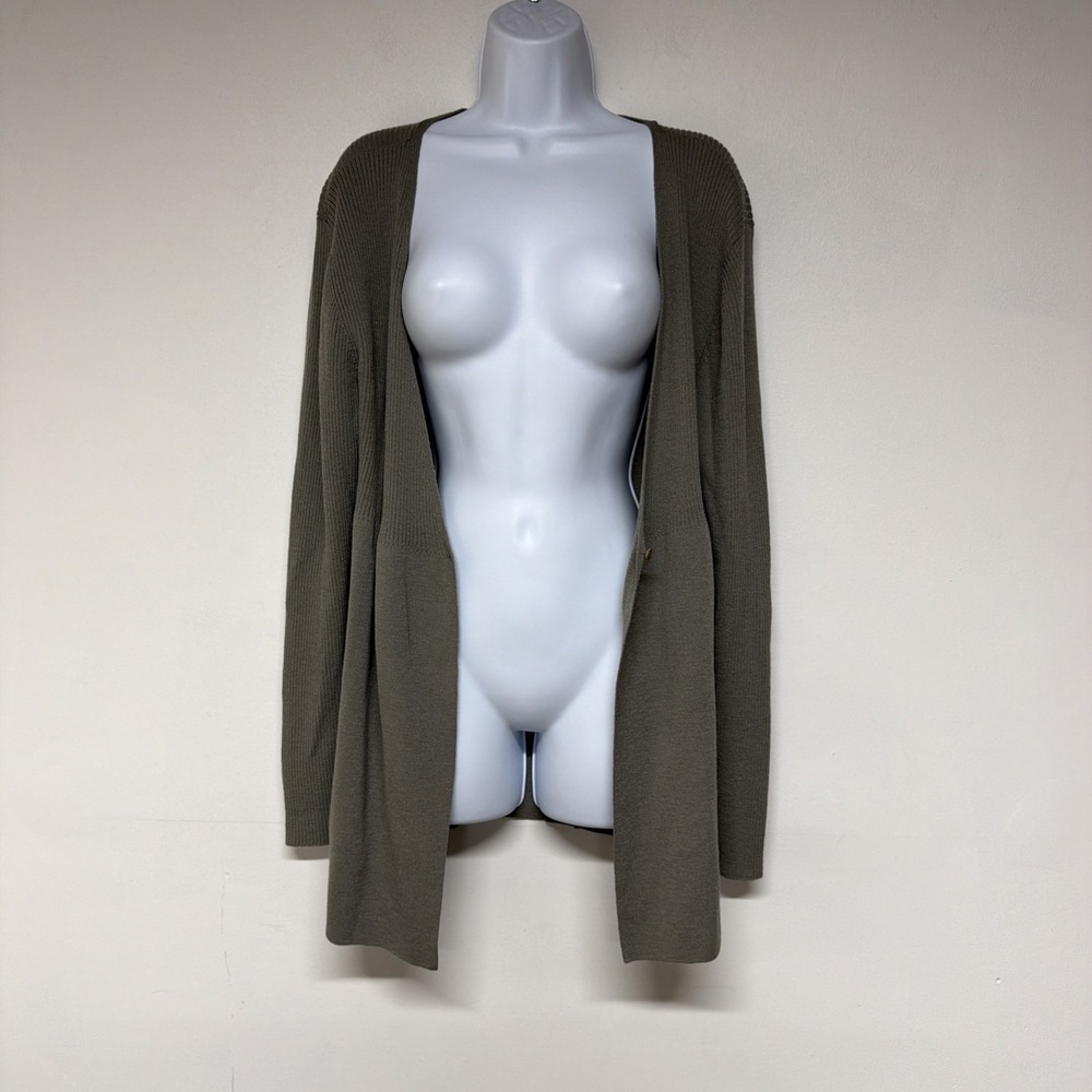 Eileen Fisher Women's Large 100% Wool Long Cardigan Open Front Ribbed Brown